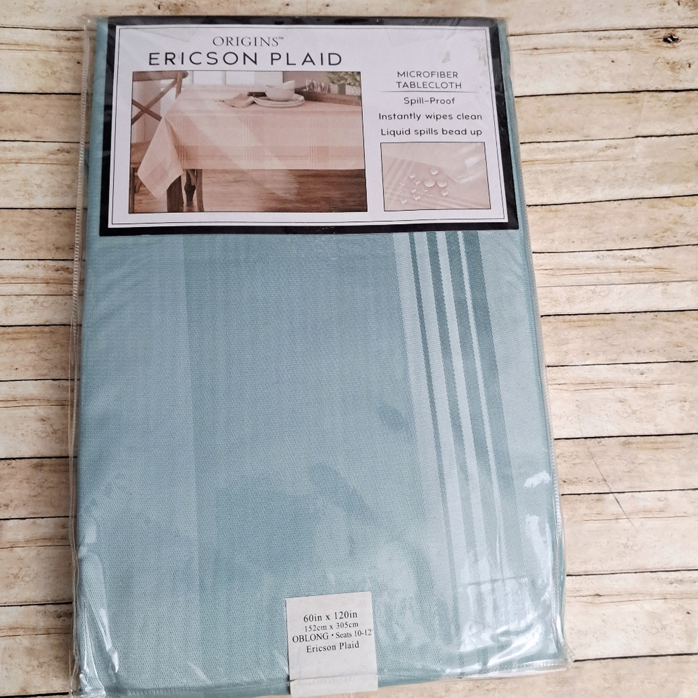 Origins Ericson Mocrofiber Plaid Green Oblong Tablecloth 60" × 102" Seats 10 -12